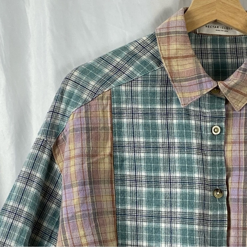 Nectar Clothing Women’s Plaid Patchwork Long Sleeve Cropped Shirt Size Small - Picture 2 of 16